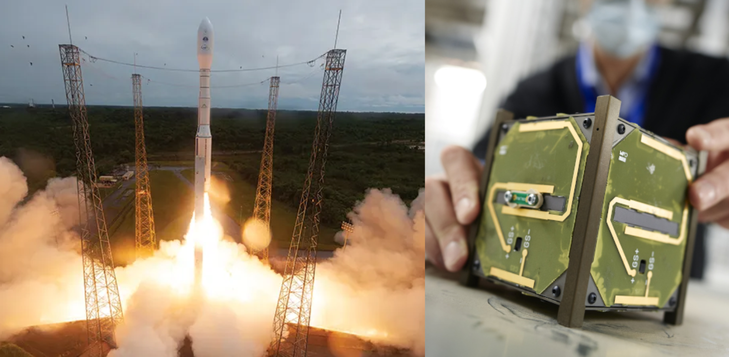 This picture shows the launch of the Vega C rocket from the Guiana Space Center in French Guiana (Image left: ESA – S. Corvaja), with the CELESTA Radiation Model, taken whilst inside the CHARM radiation testing facility at CERN. (Image: CERN)